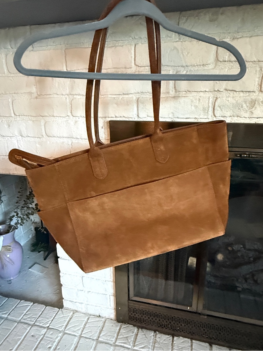 Quince Hudson Italian Suede Tote Whiskey Brown Leather Work Bag - Picture 3 of 12